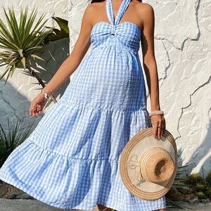 Maternity Plaid Light Blue Gingham Halter Dress